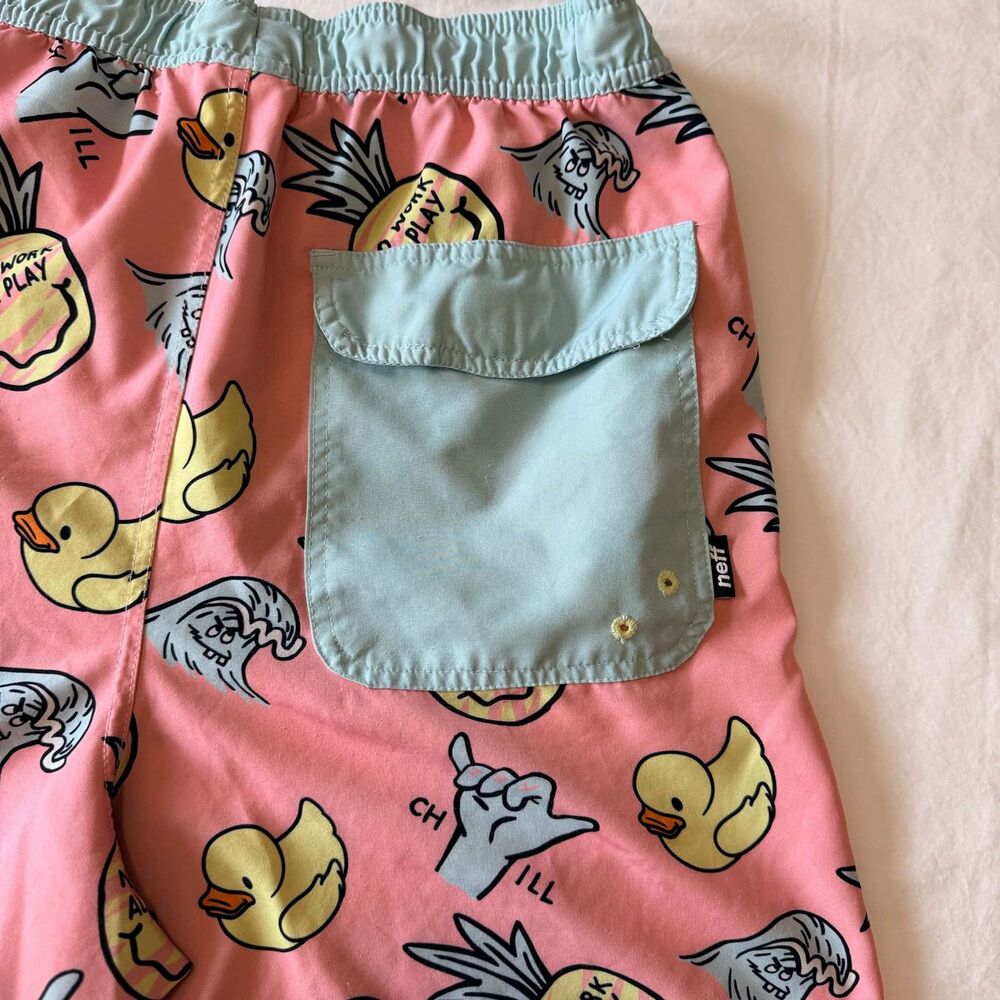 Neff Pink Novelty Print Swim Trunks Duck Pineapple No Work All Play Mens Large - Picture 10 of 11